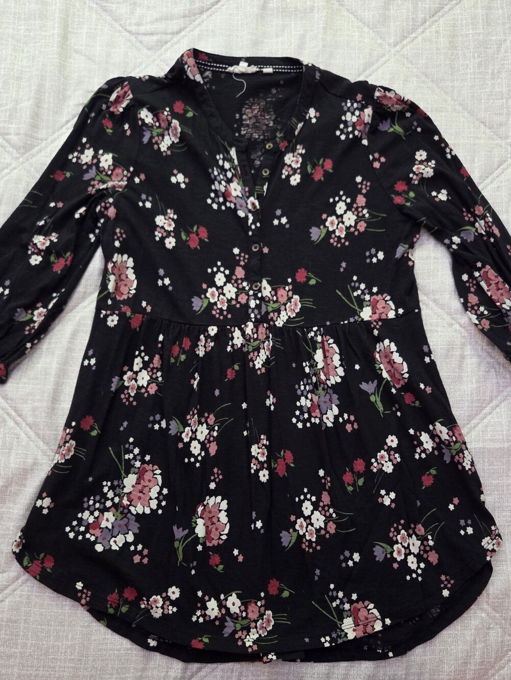 Fat Face Black Floral 3/4 Sleeve Loose Blouse Size 6 Excellent Condition